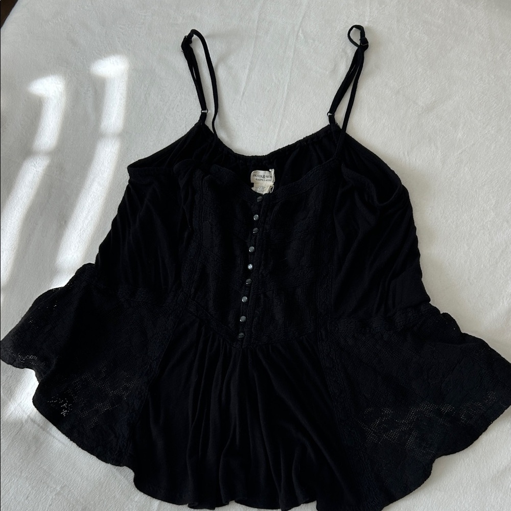 Ralph Lauren Black Lace-Trim Button detail Camisole crop Top L